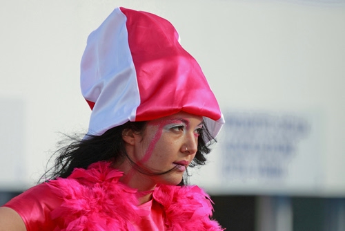 Immagine con donna, bianco, rosso, capelli, cappello, carnevale, trucco, piume, costume, sguardo, bocca, naso, faccia, rosa, ragazza, bicolore