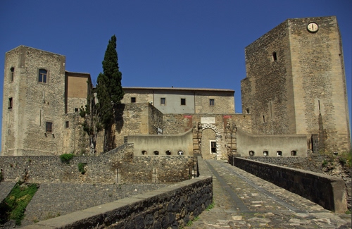 Immagine con castello, orologio, albero, strada, ponte, cipresso, torre, mura, finestre, torri