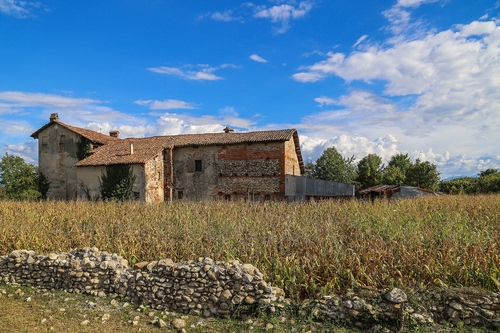 Immagine con muretto, cascina, nuvole, cielo, campo, pietre, campagna, alberi, casolare