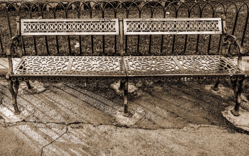 Immagine con panchina, panchine, ringhiera, seppia, ferro, bianconero, giardini, ombra